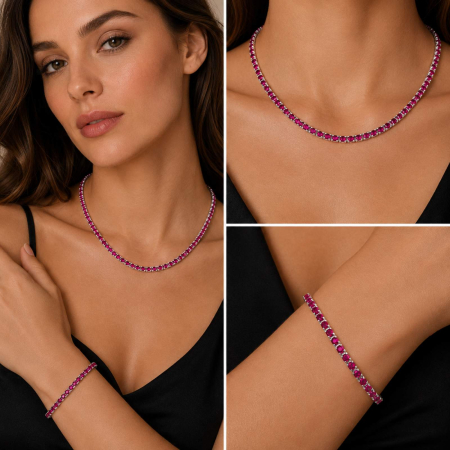 Seturi Bijuterii - Set Bijuterii Argint 925 – Colier și Brățară Tennis cu Zirconiu Fucsia
