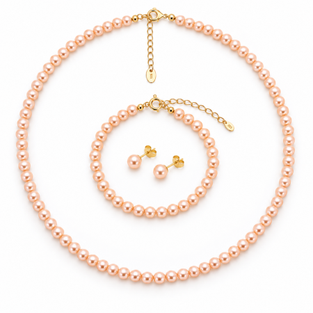 Seturi Bijuterii - Set Bijuterii cu Perle de Cultură Piersică 4-5 mm – Colier, Brățară și Cercei din Argint 925 Placat cu Aur 18K – Eleganță în Tonuri Calde