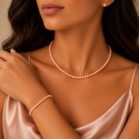 Seturi Bijuterii - Set Bijuterii cu Perle de Cultură Piersică 4-5 mm – Colier, Brățară și Cercei din Argint 925 Placat cu Aur 18K – Eleganță în Tonuri Calde
