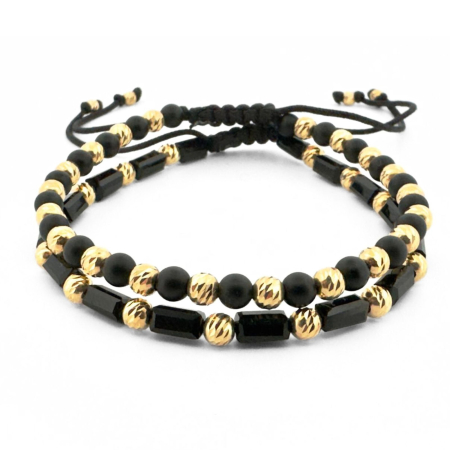 Bratari dama - Set Brățări cu Bile Argint 4mm Placate cu Aur 18K, Onix și Cristale Tubulare - Șnur Reglabil, Unisex