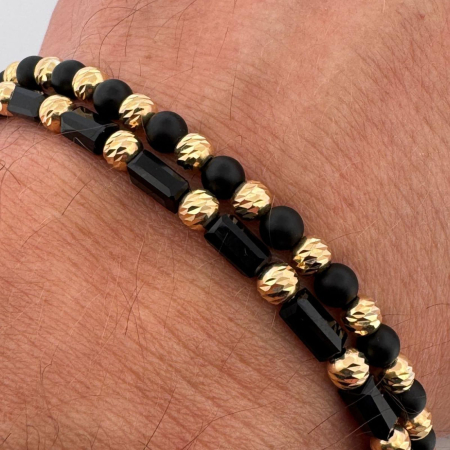 Bratari dama - Set Brățări cu Bile Argint 4mm Placate cu Aur 18K, Onix și Cristale Tubulare - Șnur Reglabil, Unisex