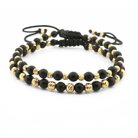 BRATARI - Set Brățări cu Biluțe de Argint Placate cu Aur 18K, Onix și Șnur Reglabil, Unisex