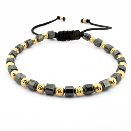 CADOURI - Brățară cu Bile Argint 925 Placate Aur 18K 4mm, Pietre Hematit Cubic - Șnur Reglabil, Unisex