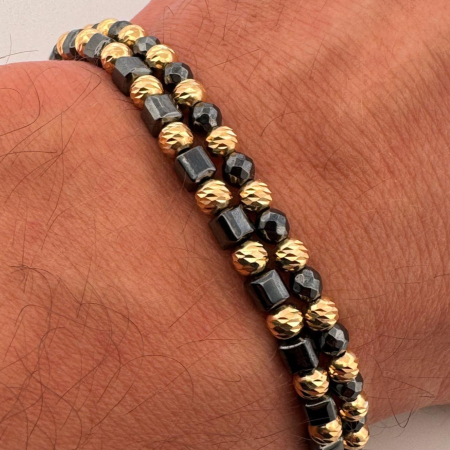 CADOURI - Set Brățări cu Bile Argint 925 Placate Aur 18K 4mm, Pietre Hematit - Șnur Reglabil, Unisex