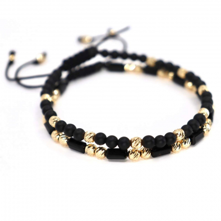 Set Brățări cu Bile de Aur 14K 4mm, Onix & Cristale Sticlă. șnur împletit [2]