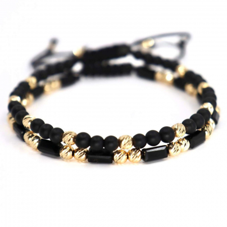 Set Brățări cu Bile de Aur 14K 4mm, Onix & Cristale Sticlă. șnur împletit [0]