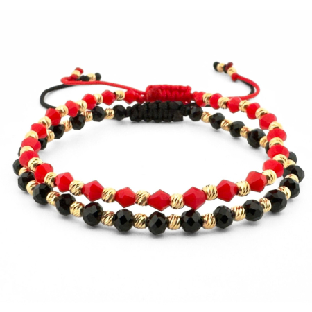 BRATARI - Set Brățări cu Biluțe de Argint Placate cu Aur 18K, Cristale Negre și Roșii - Șnur Reglabil