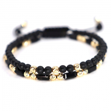 Set Brățări cu Biluțe de Aur 14K 4mm, Onix & Cristale Sticlă. șnur împletit [0]