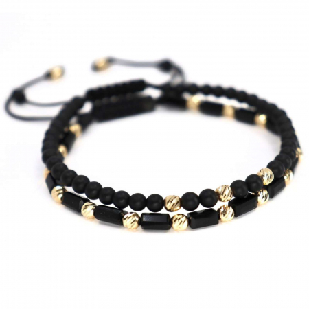 Set Brățări cu Biluțe de Aur 14K 4mm, Onix & Cristale Sticlă. șnur reglabil [1]