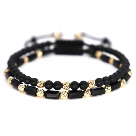 Set Brățări cu Biluțe de Aur 14K 4mm, Onix & Cristale Sticlă. șnur reglabil [0]