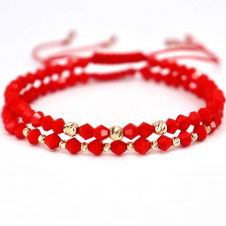 Bratari cuplu - Set brățări cu biluțe de  Aur 14K, Cristale Sticlă, șnur roșu reglabil