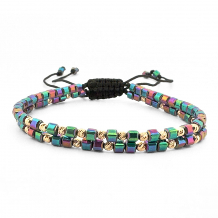 Bratari aur dama - Set Brățări cu Biluțe de Aur 14K, Hematit Cuburi Multicolor 3 mm și Șnur Reglabil