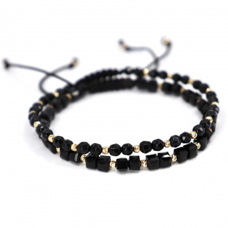 Set brățări cu biluțe de  Aur 14K, Onix si Cristale Sticla cuburi, șnur reglabil [2]