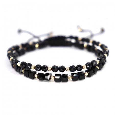 Bratari cuplu - Set brățări cu biluțe de  Aur 14K, Onix si Cristale Sticla cuburi, șnur reglabil