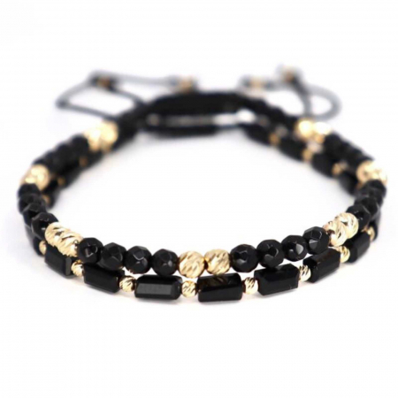 Bratari cuplu - Set brățări cu biluțe de  Aur 14K, Onix și Cristale Sticlă, șnur ajustabil