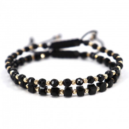 Set brățări cu biluțe de  Aur 14K, pietre Onix si Cristale Sticla cuburi, șnur împletit [2]