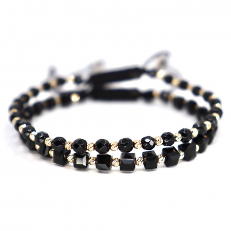 Bratari cuplu - Set brățări cu biluțe de  Aur 14K, pietre Onix si Cristale Sticla cuburi, șnur împletit