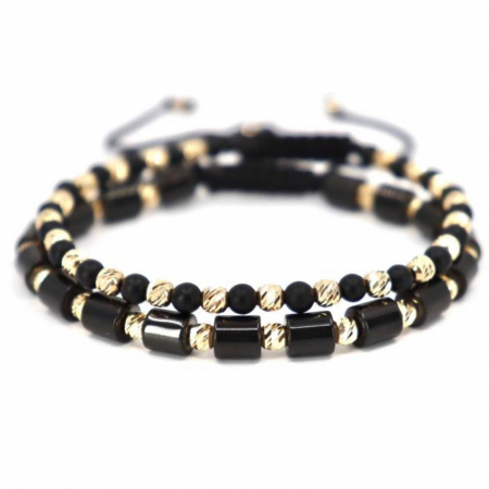 Set brățări cu biluțe de aur 14K, pietre Onix și Hematit, șnur împletit reglabil [0]