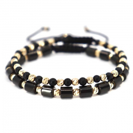 Set brățări cu biluțe de aur 14K, pietre Onix și Hematit, șnur împletit reglabil [4]