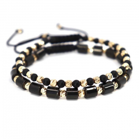 Set brățări cu biluțe de aur 14K, pietre Onix și Hematit, șnur împletit reglabil [5]