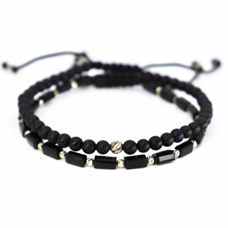 Set Brățări cu Biluțe de Aur Alb 14K, Cristale, Onix și Șnur Ajustabil [0]