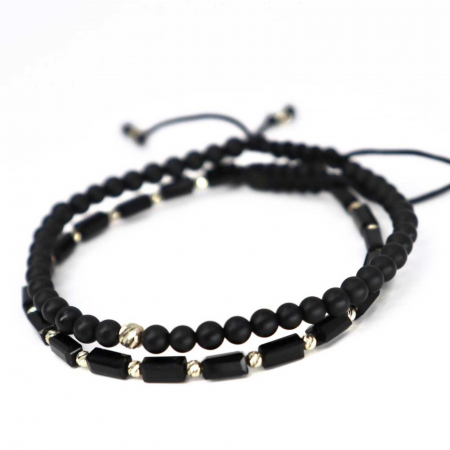 Set Brățări cu Biluțe de Aur Alb 14K, Cristale, Onix și Șnur Ajustabil [3]