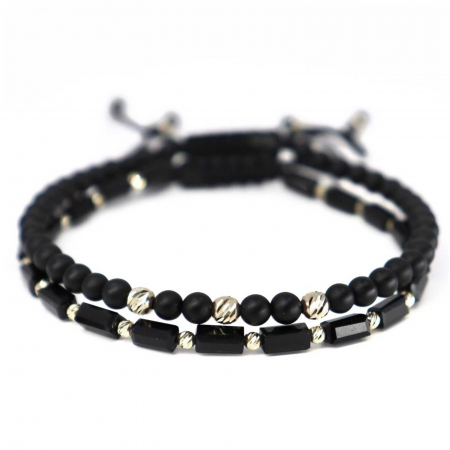 Set Brățări cu Biluțe de Aur Alb 14K, Onix și Cristale, Șnur Reglabil [0]