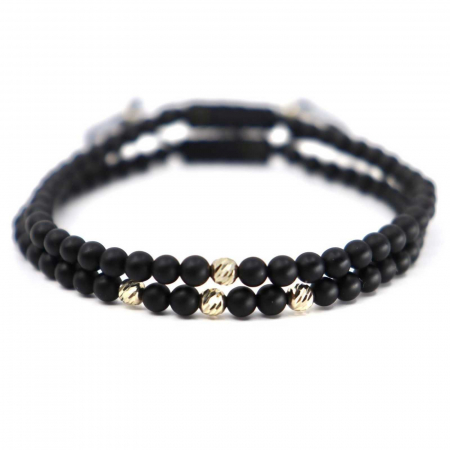 Set Brățări cu Biluțe de Aur Alb 14K, Onix și Șnur Reglabil [0]