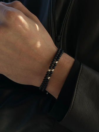 Set Brățări cu Biluțe de Aur Alb 14K, Onix și Șnur Reglabil [1]