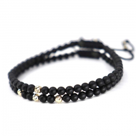 Set Brățări cu Biluțe de Aur Alb 14K, Onix și Șnur Reglabil [4]