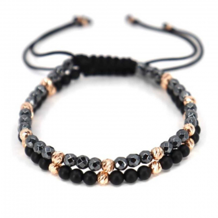 Set bratari cu bilute de  Aur Roz 14K, Hematit si Onix, snur reglabil [4]