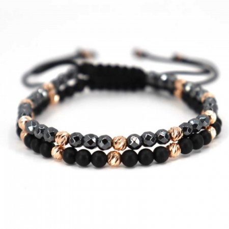 Set bratari cu bilute de  Aur Roz 14K, Hematit si Onix, snur reglabil [0]
