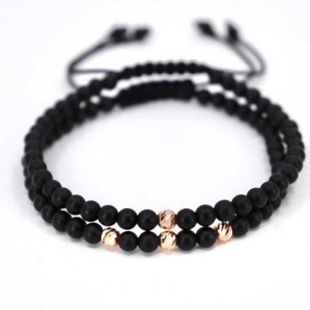Bratari bilute aur - Set bratari cu bilute de  Aur Roz 14K, pietre onix, snur reglabil