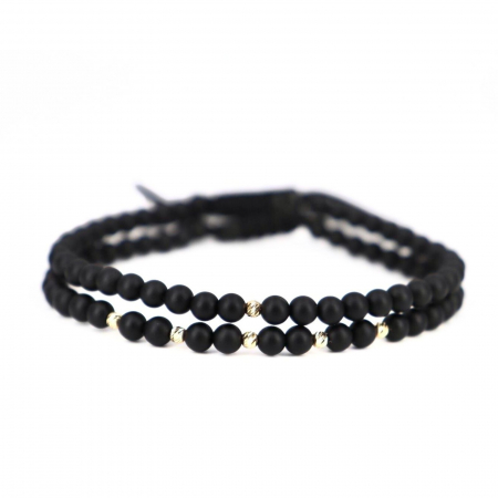 Bratari cuplu - Set Brățări cu Biluțe din Aur 14K, Pietre Semiprețioase Onix 4mm, Șnur Reglabil