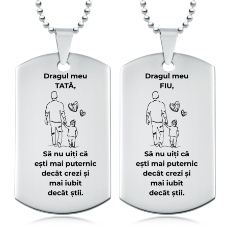 Lantisoare inox - Set Coliere Personalizate Tată și Fiu - Gravate cu Poză și Text - Plăcuță Army, Lănțișor cu Biluțe - Oțel Inoxidabil
