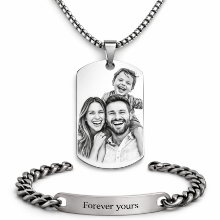 Lantisoare inox - Set Lanț Army și Brățară cu Plăcuță pentru Bărbați, Personalizate Foto și Text, din Oțel Inoxidabil
