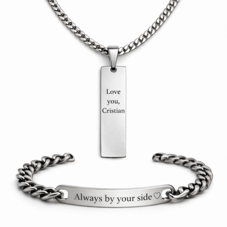 Lantisoare inox - Set Cadou Bărbați – Lanț și Brățară Cuban Personalizate cu Text, Inox