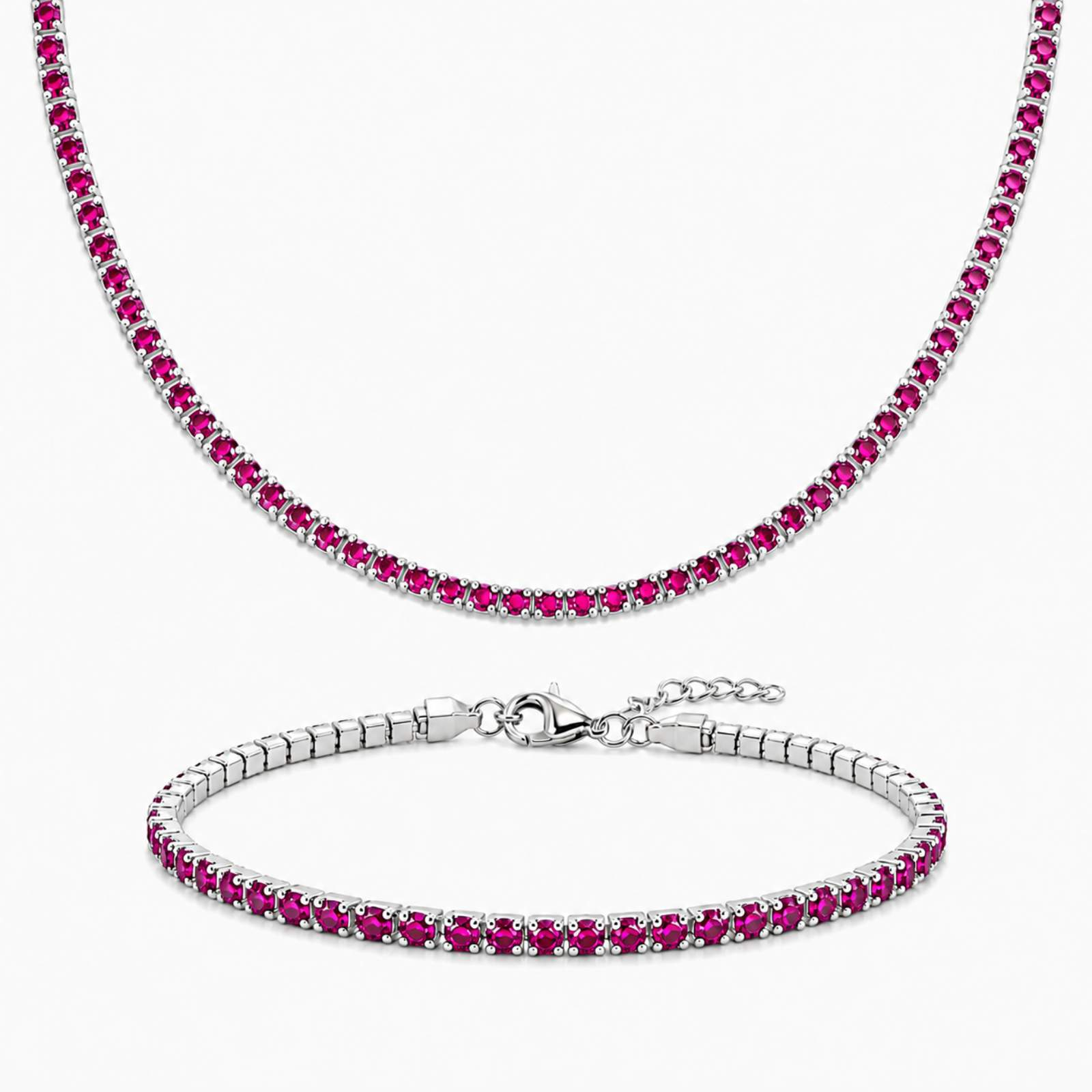 Set Bijuterii Argint 925 - Colier și Brățară Tennis cu Zirconiu Fucsia