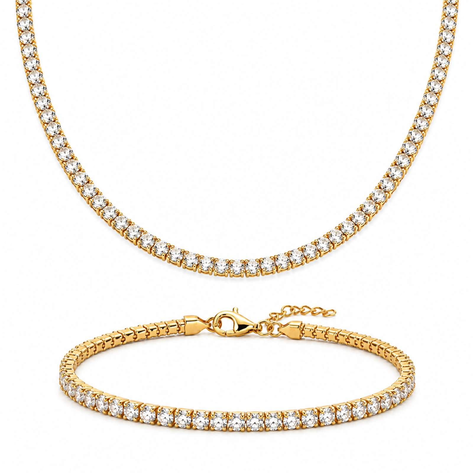 Set Bijuterii Argint 925 Placat cu Aur 18K - Colier și Brățară Tennis cu Zirconiu Alb