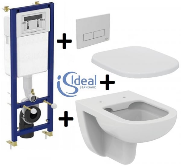 Pachet Complet Sistem WC Suspendat Ideal Standard Tempo Rimless - Gata de Montaj - Cadru fixare + Rezervor Ingropat, Clapeta Crom, Vas WC si Capac WC  [1]