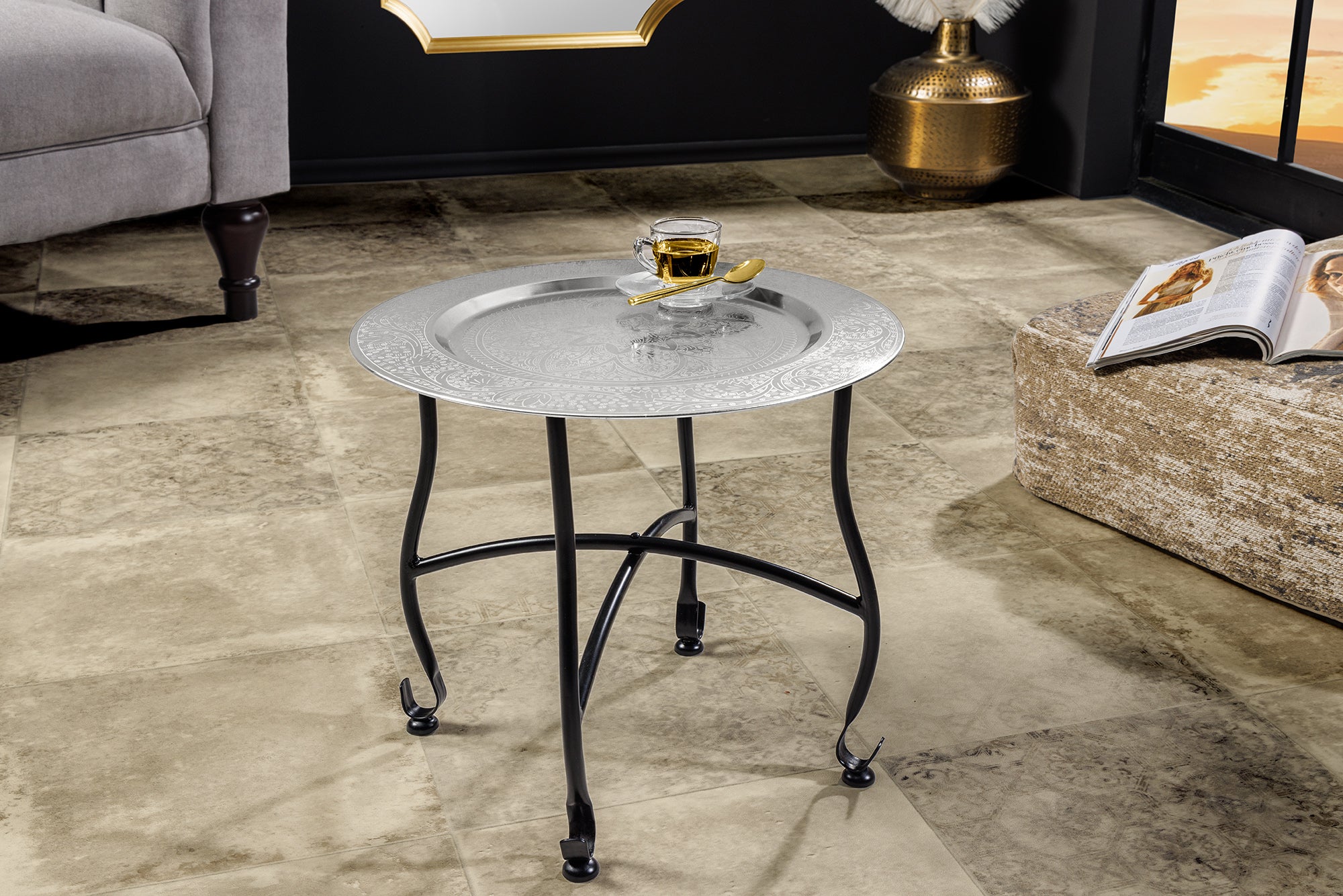 Masuta laterala MARRAKESH 40 cm argintie , design cu textura batuta , tava detasabila  [2]