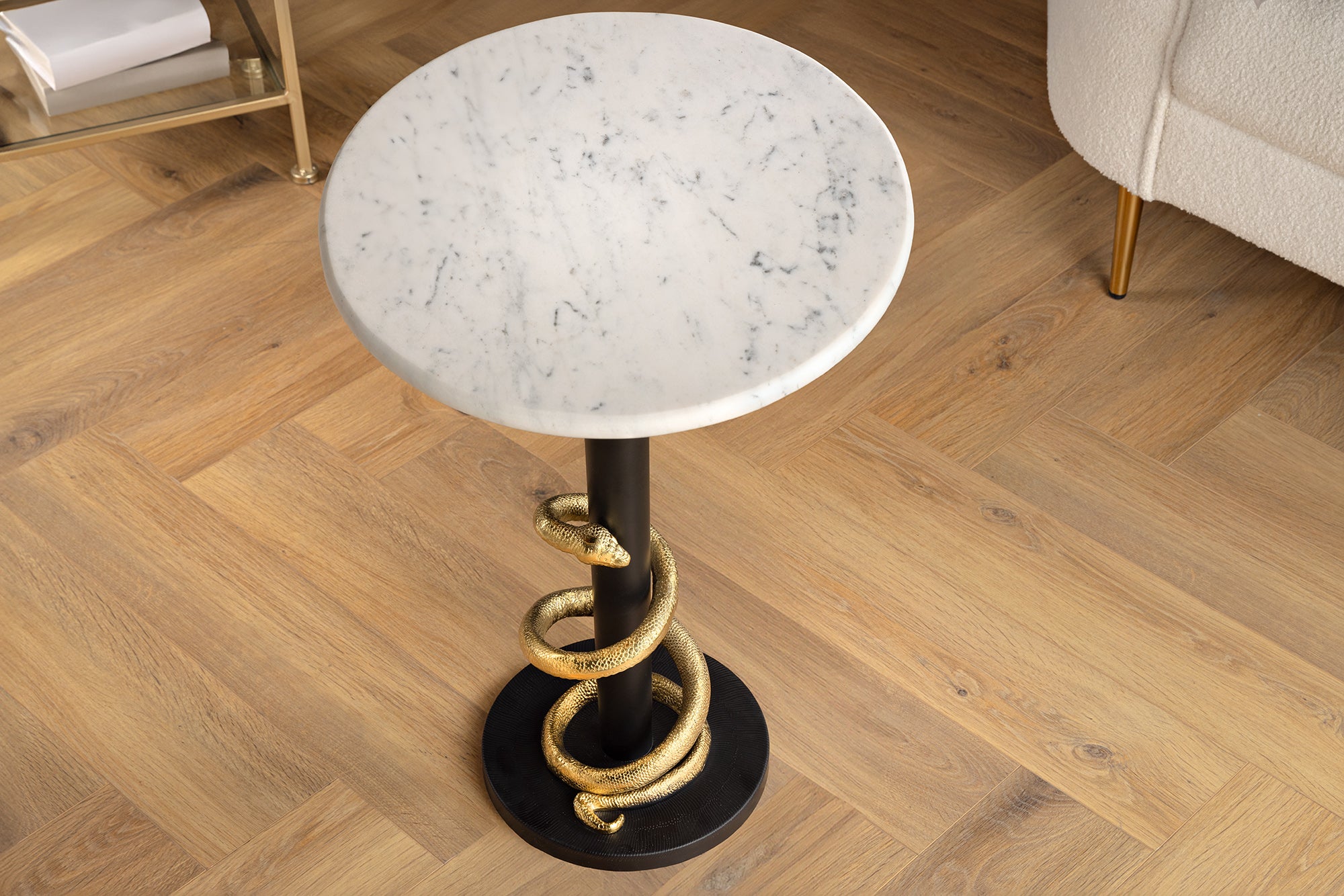 Masă laterală WILDLIFE SNAKE 50cm,cadru negru-auriu  cu blat de marmura alba [3]