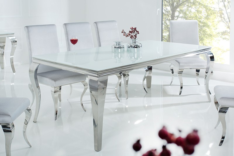 Masa dining Barock cu blat din sticla opal si picioare din otel inoxidabil argintiu, 200 cm [2]