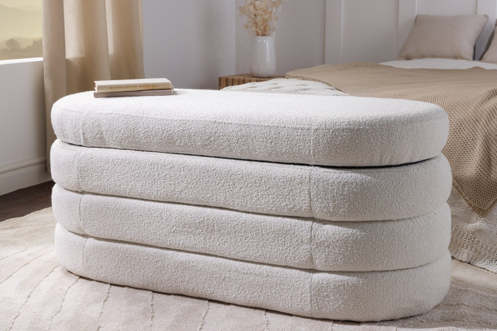 Bancă pentru piept VOQUE 115 cm, alb crem, tapițată cu țesătură bouclé, cu spațiu de depozitare [3]