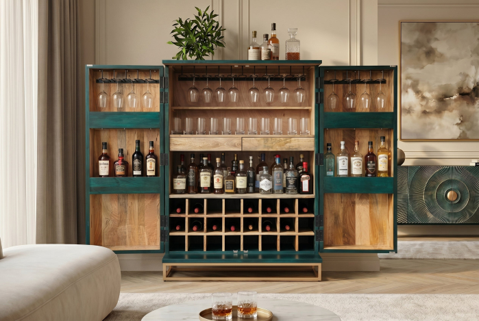 Bar GOLDEN SUNSET 140 cm 3D din lemn de mango, turcoaz [10]