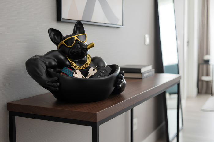 Bol decorativ BULLDOG 30 cm, realizat manual, cu tavă de depozitare, negru [3]