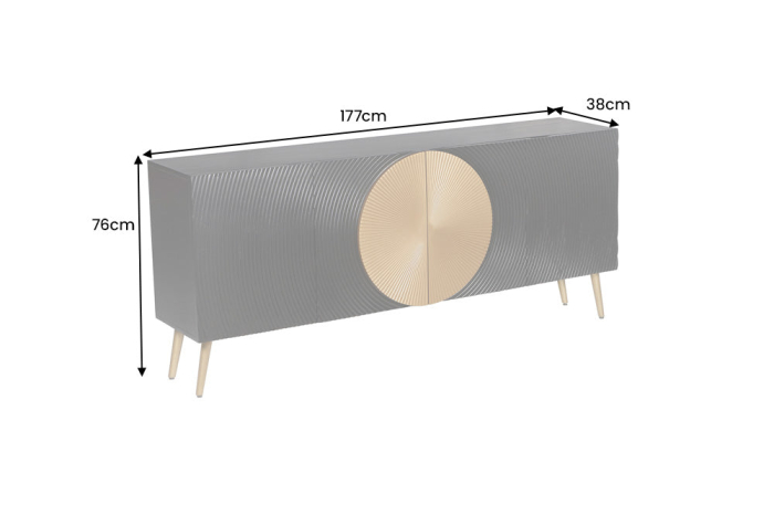 Bufet AURUM 180 cm cu fațadă texturată, cercuri aurii, accente negre, lemn de mango și picioare metalice aurii [12]