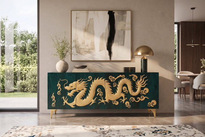 Bufet DRAGON 180 cm, fațadă cu dragon 3D, lemn de mango, turcoaz cu detalii aurii [5]