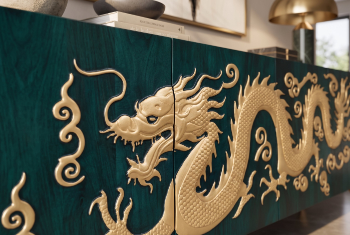 Bufet DRAGON 180 cm, fațadă cu dragon 3D, lemn de mango, turcoaz cu detalii aurii [12]