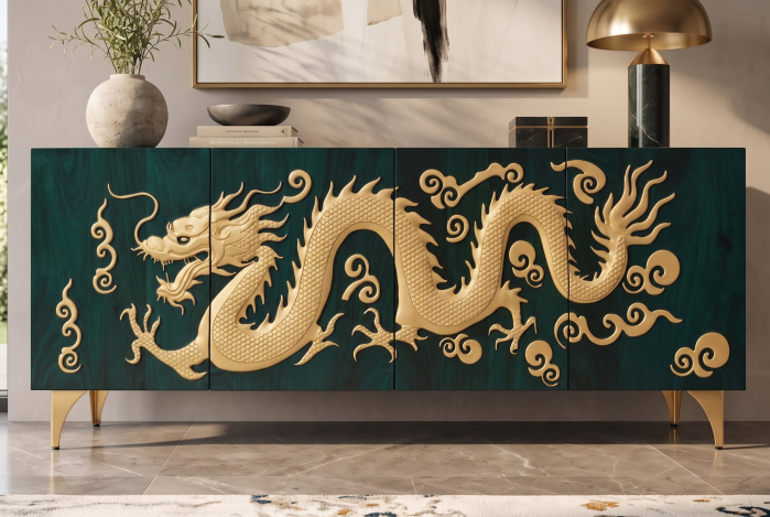 Bufet DRAGON 180 cm, fațadă cu dragon 3D, lemn de mango, turcoaz cu detalii aurii [6]